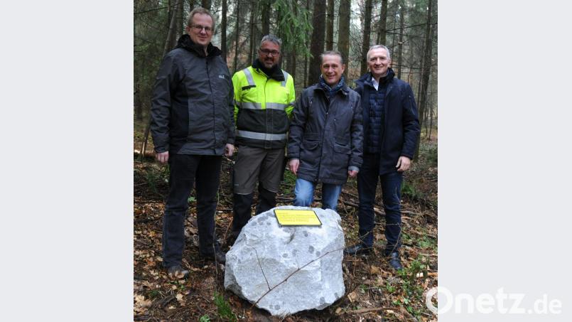 Ortsheimatpfleger Rainer Hoffmann, Bernd Lang, Zweiter Bürgermeister Hermann Böhm und Landtagsabgeordneter Harald Schwartz (von links) sind sich sicher, dass der Granitblock jahrhundertelang an dieser Stelle liegenbleibt und dadurch den geografischen Mittelpunkt des Landkreises Amberg-Sulzbach markiert. Bild: gf