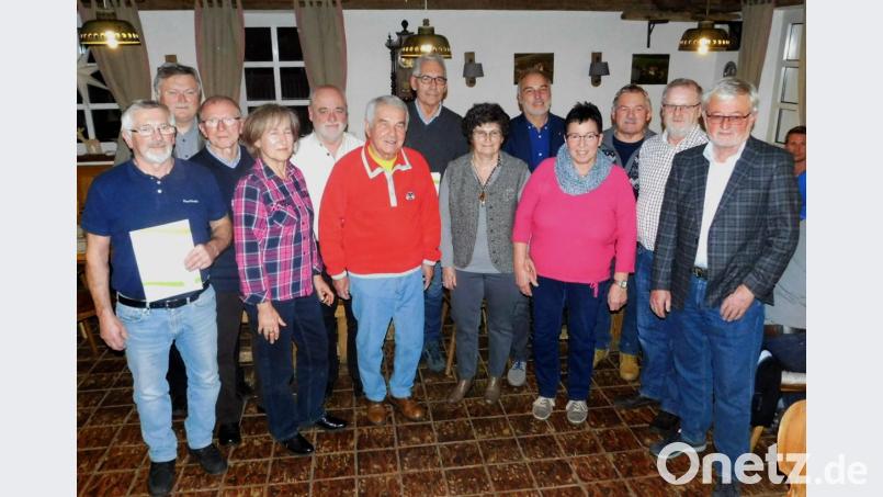 Vorsitzender Dieter Kottwitz (rechts) und Bürgermeister Manfred Porsch (Zweiter von links) danken Heribert Veigl, Dietmar und Hildegard Baier, Manfred Dorsch, Erwin Mader, Wolfgang Strosetzki, Dora Mader, Jürgen Kühnelt, Anneliese Kuhbandner, Konrad Hübner und Walter Kuhbandner (von links) für 25 und 40 Jahre Treue Bild: hai