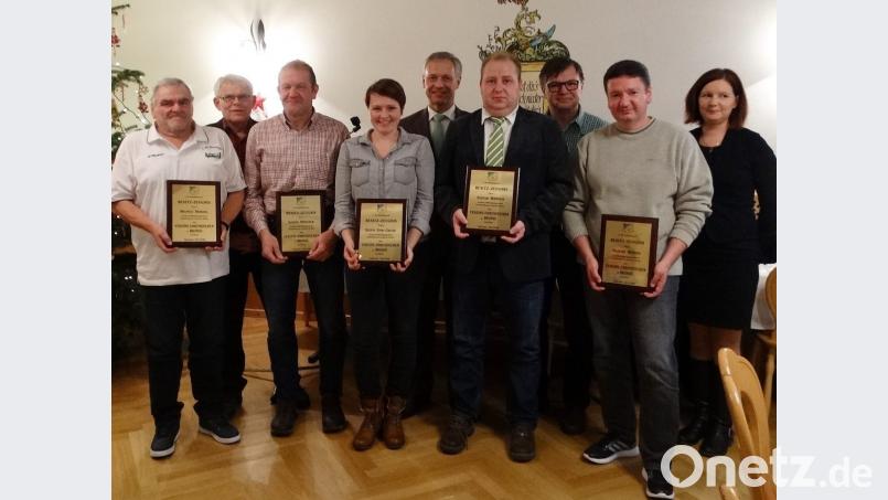 Mit dem Vereinsehrenzeichen in Bronze werden bedacht: Helmut Heinzel (vorne von links), Edwin Münster, Stefanie Fink-Gradl, Stefan Bönisch und Martin Hefner. Laudator (von hinten links) Christian Trummer, Bürgermeister Thorsten Grädler, Vorstand Stefan Weiß und Schriftführerin Elisabeth Grosser. Bild: ct