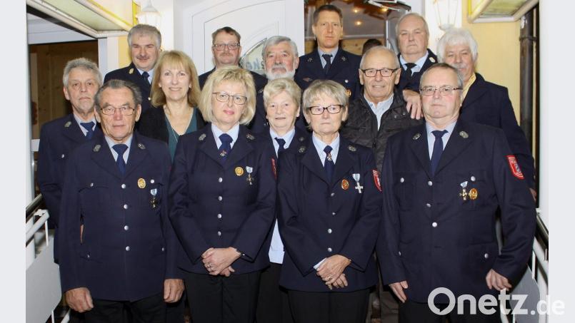 Die Geehrten (hinten, von links): Kreisbrandinspektor Hans Sperber, Kommandant Thomas Müller, Franz Kormann, Kreisbrandmeister Helmut Neidel; (mittlere Reihe, von links): Helmut Ertel, Bürgermeisterin Brigitte Bachmann, Berta Müller, Rudolf Müller, Werner Bär, Georg Utz; (vorne, von links): Ehrenvorstand Andreas Schötz, Inge Ertel, Hildegard Schötz und Reinhard Müller. Bild: sis