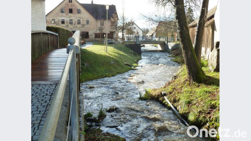 Auch beim derzeitigen Niedrigwasser kommt die Murach mit viel Tempo aus den höhergelegenen Orten in Teunz an. Doch nach der Hochwasserfreilegung hat sie genügend Platz, sich auszubreiten. Sehr gelungen ist die Fußgängerbrücke am Zusammenfluss der zwei Flussarme an der Hebermühlstraße. Bild: Portner