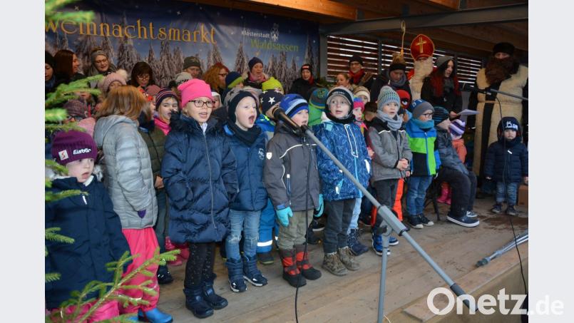 Mit Liedern und Gedichten erfreuen am Samstagnachmittag die Mädchen und Jungen des Kinderhauses „Tausendfüßler“ die Besucher des Waldsassener Weihnachtsmarktes. Bild: jr
