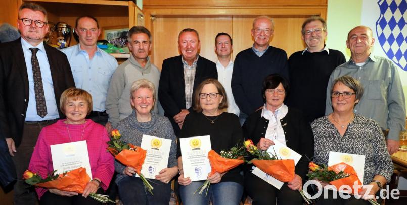 Jubilarehrung beim SV Loderhof/Sulzbach (hinten, von links): Bürgermeister Michael Göth, Martin Bauer, Leonhard Geitner, Joachim Bender, Zweiter Vorsitzender Michael Jakuttis, Manfred Arndt, Schriftführer Richard Donhauser, Schatzmeister Kurt Hösl sowie (sitzend, von links) Doris Geitner, Ingrid Kaduk, Brigitte Loos, Elisabeth Trafalczyk und Gertrud Siegert. Bild: Wolfgang Steinbacher