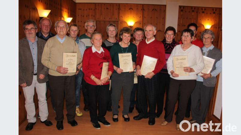 Langjährige Mitglieder wurden von Robert Zinnecker (links) und Engelbert Franz (Zweiter von links) für ihre Treue zum BVS-Reha-Sportverein Waldsassen ausgezeichnet. Bild: kro