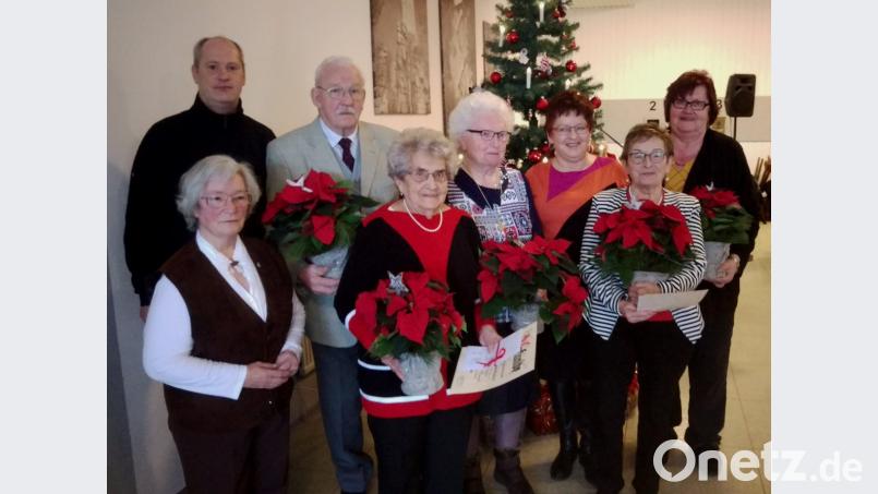 AWO-Kreisvorsitzender Thomas Döhler (links) und AWO-Ortsvorsitzende Brigitte Scharf (dritte von rechts) mit den geehrten Mitgliedern (von links) Ingeborg Pöllath, Leonhard Müller, Mathilde Wiesent, Ingeborg Krebs, Waltraud Gmeiner und Christine Trenner. Bild: njn