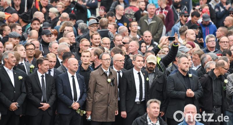 Björn Höcke (Erste Reihe, Dritter von rechts) beim sogenannten &quot;Trauermarsch&quot; am 1. September. Weil bei diesem Zug auch ein Bild von Sophia Lösche mitgetragen wurde, ergreift die Familie der Verstorbenen nun juristische Mitte. Bild: Ralf Hirschberger/dpa