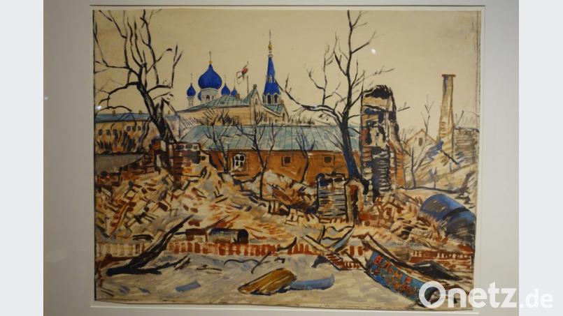 Die Ölskizzen Reinhold Koeppels zeigen zerstörte Städte der Ostfront auf irritierend ansprechende Weise. Sie gehören zu den „Bildern aus dem Ersten Weltkrieg“, die derzeit im Leeren Beutel in Regensburg zu sehen sind. Bild: wsu