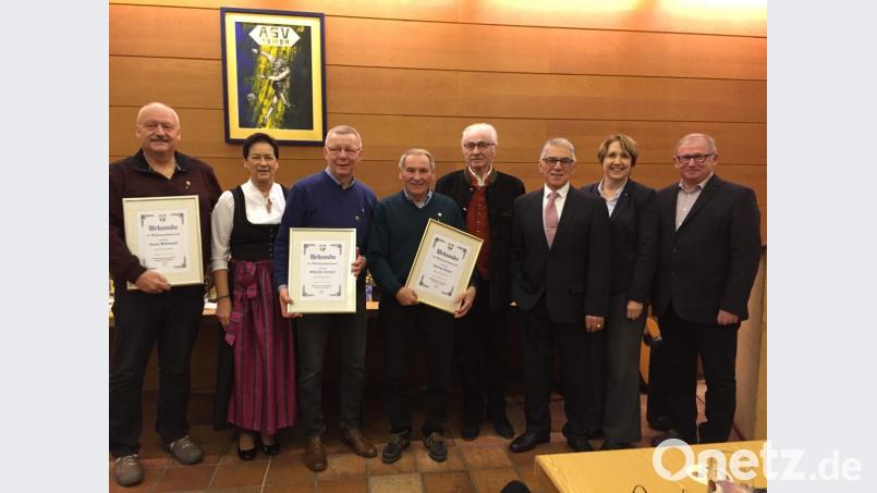 Bei der Weihnachtsfeier werden Hans Möhwald und Willi Schell (Erster und Dritter von links) sowie Georg Geyer (Vierter von links) geehrt. Vorsitzender Juan Vilas, Landtagsabgeordnete Annette Karl, Zweiter Bürgermeister Heinrich Maier, Ehrenmitglied Oskar Schwarz und Schriftführerin Renate Zupfer-Vilas gratulieren. Bild: exb