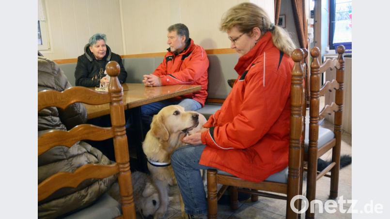 Sogar die Stühle haben die Vereinsmitglieder selbst neu gepolstert. Denn nach dem Brand hat alles furchtbar nach Rauch gestunken. Stolz auf den Zusammenhalt und die vielen Stundeneigenleistung sind (von links) Vorsitzende Tanja Pree, Jürgen und Annett Schittenhelm, hier mit Chesper, dem Hund ihres Mannes. Ihr Hund Ena hat es sich unterm Tisch bequem gemacht. Sie ist mit 14,5 Jahren das älteste Tier im Verein. Bild: Gabi Schönberger