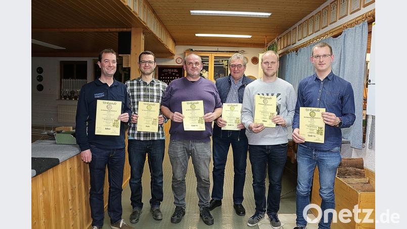 Spitzenprodukte aus Wiesau und Schönhaid: Über die Auszeichnung und Prämierung ihres Honigs durch den Verband Bayerischer Imker in Veitshöchheim freuten sich (von links) Daniel Schildknecht, Torsten Vater, Hubert Greil, Kurt Kaßeckert, Fabian Puß und Florian Beer. Bild: bsc