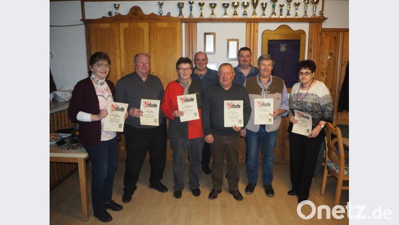 Der Vorsitzende Gerald Brenner und Schriftführer Hermann Hilpert (hinten, von rechts) dankten Angelika Mack, Manfred Randig, Hannelore Hilpert, Berthold Schwarzmeier, Franz Wagner und Christine Wagner (von links) für die langjährige Treue. Bild: gz