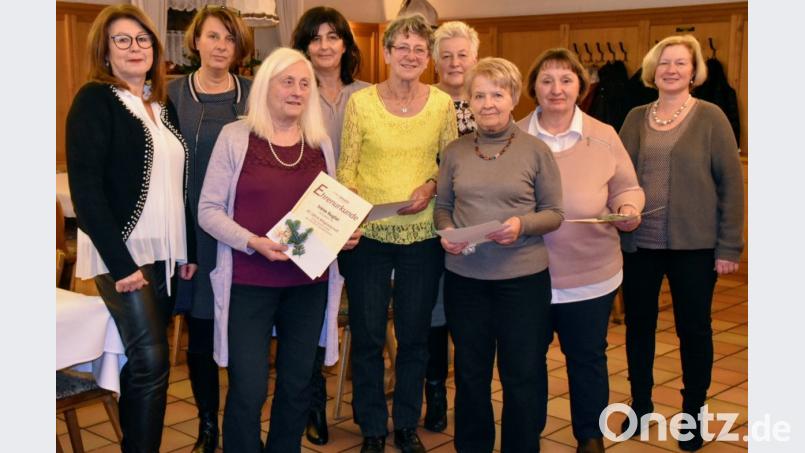 Bei der Ehrung (von links): Gabi Strehl, Birgit Singer-Grimm, Irene Kugler, Monika Paintner, Ruth Moser, Elfriede Meiler, Marie-Luise Graf, Ingrid Blödt und Renate Amrhein. Bild: exb