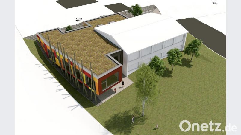 Das Konzept für die Erweiterung (farbig) des bestehenden Kindergartens &quot;St. Martin&quot; (weiß) steht. Eineinhalb Jahre Bauzeit sind dafür eingeplant. Bild: exb