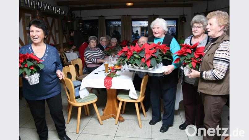 Die Seniorenvereinigung überraschte die anwesenden Frauen mit prächtigen Weihnachtssternen.
Hedwig Wendl, Maria Bächer, Erika Stock und Martha Höfer ( von links) verteilten sie. Bild: roh