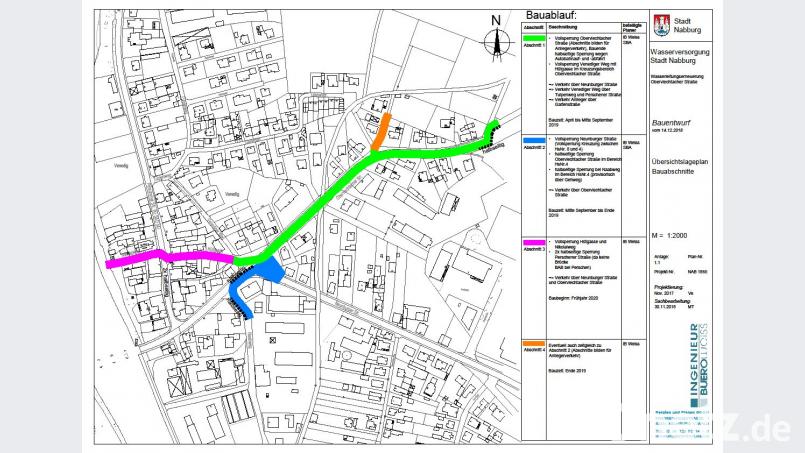 Der Plan zeigt – farblich unterschiedlich markiert – die vier Bauabschnitte auf der Oberviechtacher Straße (gelb) und in ihren Nebenstraßen. Bild: Ingenieur-Büro Weiss