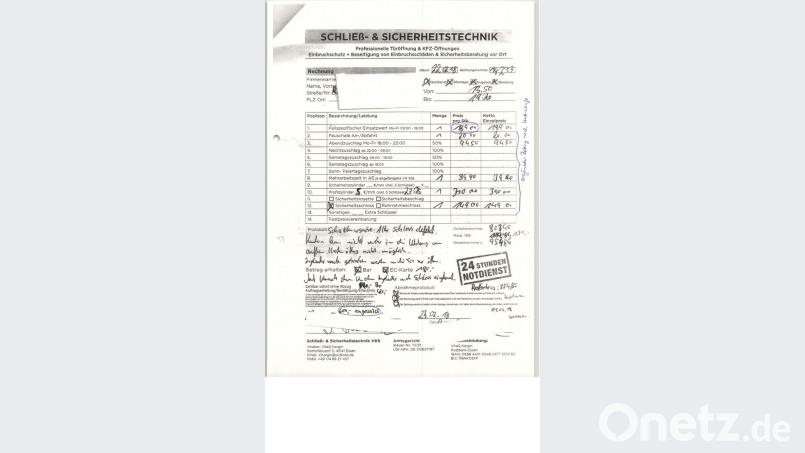 Dreiste Abzocke: Nachdem eine Rentnerin 139 Euro für eine Türöffnung per Unterschrift bestätigt hatte, notierte der Schlüsselnotdienst weitere fiktive Kosten. Endsumme: 954,85 Euro. Bild: Elisabeth Graml/ Verbraucherzentrale