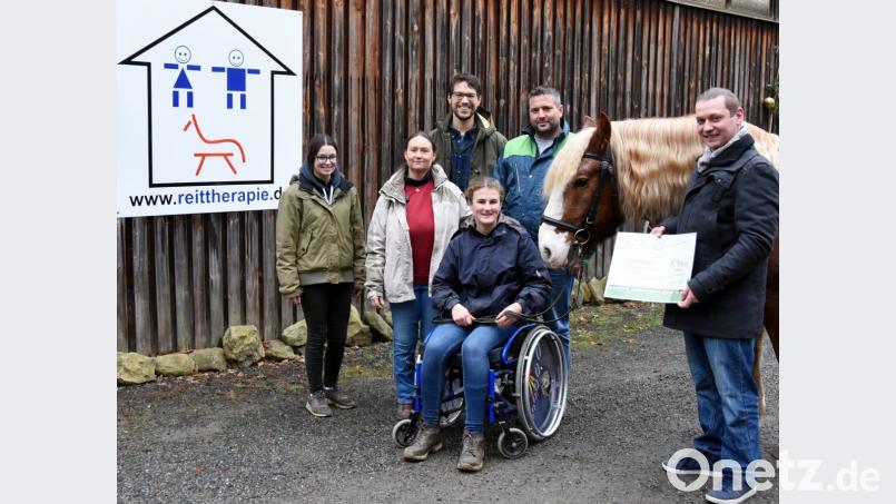 Sebastian Scharnagl (rechts), der Vorsitzender des Maschinenrings, übergibt mit Jürgen Scholz (hinten, von rechts) und Wolfgang Härtl eine Spende über 500 Euro an Katja Süß (Zweite von links), die das Reittherapiezentrum bei Schirmitz betreibt. Marie Ertl (links) und Anna-Lena Ostendorf unterstützen Süß bei der Arbeit mit den Patienten. Bild: bgm