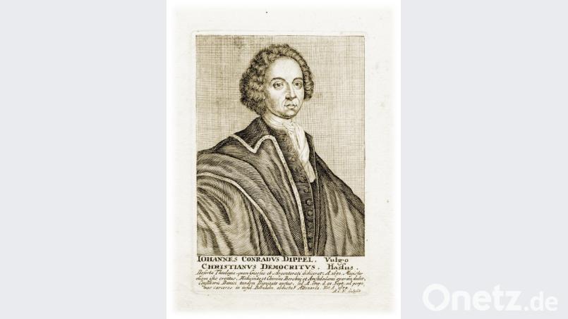 Dieser Kupferstich zeigt Johannes Conradus Dippel, geb. 10. August 1673 auf der Burg Frankenstein bei Darmstadt. Er ist der Erfinder des „tierischen Öls“. Repro: is Bild: is