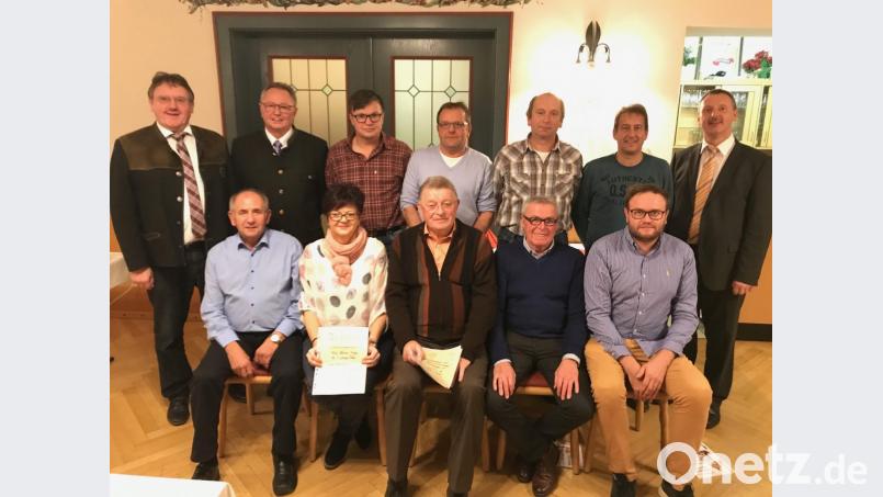 Für lange Jahre Vereinstreue ehrt die Wählergemeinschaft Arbeitnehmer-Eigenheimern einige Mitglieder (vorn, von links): Günther Ringelstetter, Monika Kautz, Georg Kohl und Ernst Andraschko sowie (hinten, ab Dritter von links) Thomas Andraschko, Stefan Weiß, Markus Finster, Karl Fenk und Rainer Liermann. Die Urkunden übergeben Vorsitzender Markus Schertl (hinten rechts) sowie die beiden Bürgermeister Hans-Martin Schertl und Heinrich Ruppert (hinten, von links). Bild: exb