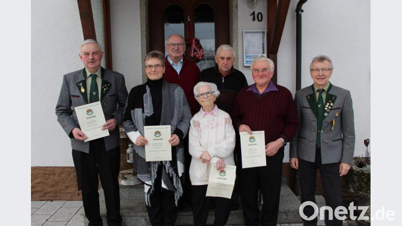 Die Geehrten (von links): Vorsitzender Reinhold Schraml, Inge Grohmann, Bernd Steinbruckner, Barbara Hora, Josef Heindl, Helmut Kern und stellvertretender Vorsitzender Josef Bauer. Bild: soj