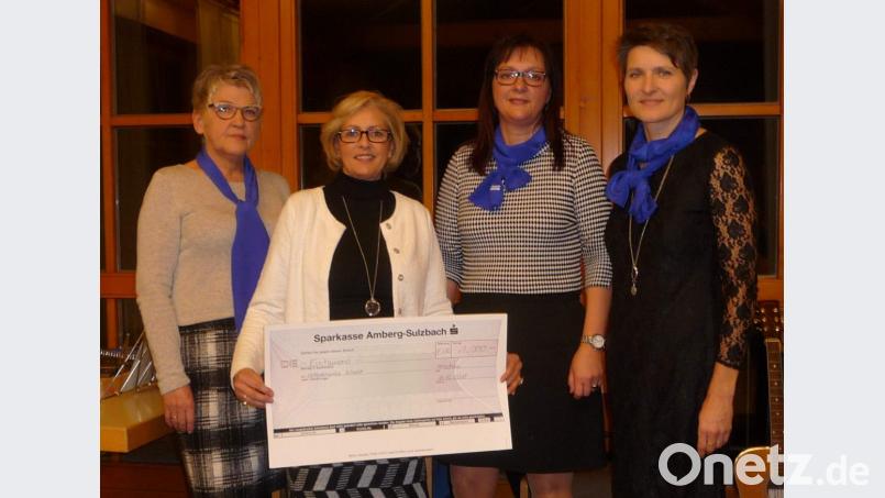 Seit 30 Jahren bedenkt der Katholische Frauenbund die Selbsthilfegruppe krebskranker Kinder zur Weihnachtszeit mit Spenden – heuer mit einem 1000-Euro-Scheck (von links): Irmgard Müller, SHG-Vorsitzende Petra Waldhauser, Gerlinde Siegert und Irmgard Sellmeyer. Bild: u