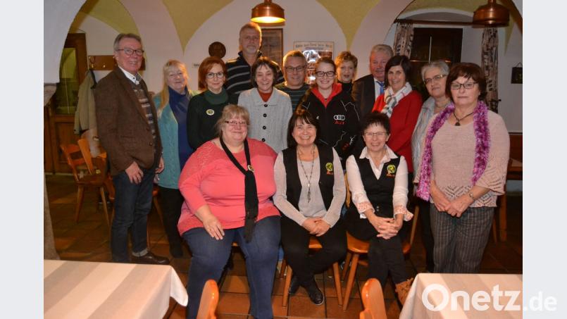 Die neu gewählte Vorstandschaft mit den Ehrengästen. Vorne von links: Schatzmeisterin Kerstin Weber, Vorsitzende Rosi Polland und 2. Vorsitzende Margareta Czichon. Bild: hcz