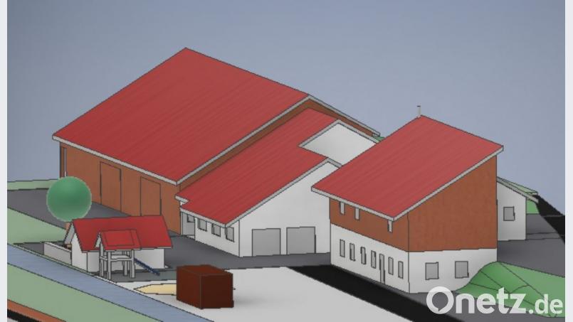 Ein Planentwurf zeigt das mögliche Aussehen für das Zukunftsprojekt in Pertolzhofen. Auf dieser Ansicht aus Richtung der Dorfeinfahrt ist im Hintergrund der bereits bestehende Vereinsstadl zu sehen, daran anschießend das Dorfgemeinschaftshaus und vorne rechts das Haus der Vereine. Dort soll sich im Erdgeschoss das Musikerheim befinden, darüber das Schützenheim eingerichtet werden. Bild: exb