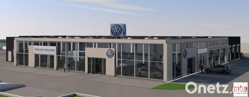 Das neue Autohaus des Unternehmens Maschek wird im Gewerbepark Alberndorf entstehen. Der Bauausschuss billigte am Montag den Bauantrag. Bild: exb/MBA Architekten