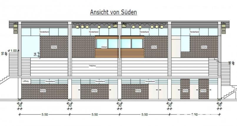 Der bisherige Charakter der Tribüne soll erhalten bleiben. Im regieraum läuft alles an Technik, Audio und Licht zusammen. Bild: Architekturbüro Schönberger
