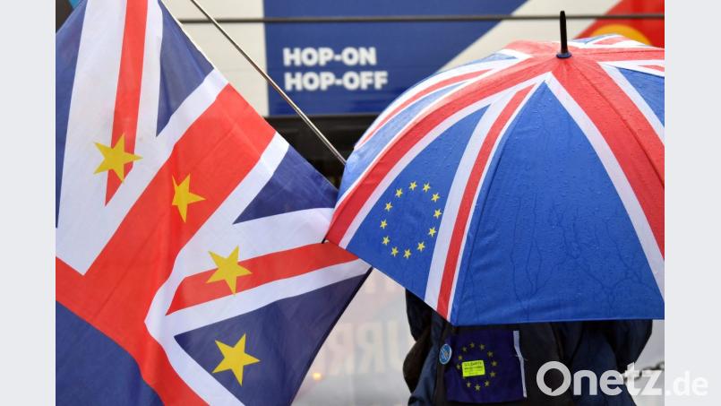 Anti-Brexit-Demonstranten stehen vor dem Parlament in London mit einer Fahne und einem Schirm. Die Entscheidungen der Briten wirken sich auch auf die Oberpfalz aus. Bild: Dominic Lipinski/PA Wire/dpa