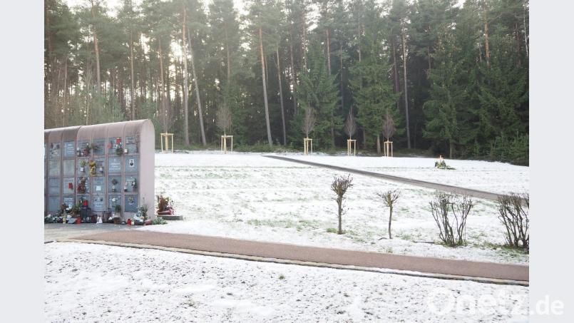 Sarg- und Urnenbestattungen sind auf diesem neuen Friedhofsteil möglich. Um jeden Baum (im Hintergrund) werden Urnenröhrengräber angelegt. Links im Bild die Urnenwände, die nahezu vollständig belegt sind. Bild: bl