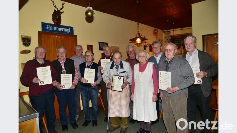 Sie haben der Fotoclub vor 45 Jahren mit gegründet: Franz Schaller, Joachim Bittner, Alois Hubmann, Anton Vater und Josef Puff (von links). Sie waren seither die Gastgeber: Michael und Lore Zimmermann (Mitte). Sie gehören dem Fotoclub seit 40 Jahren an: Eberhard Jentsch, Klaus Fröhlich, Rudolf Balk und Anton Pöpperl. Bild: bey