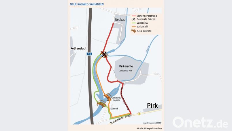 Zwei mögliche Varianten werden derzeit von einem Ingenieursbüro geprüft. Variante A läuft von Norden her rechts entlang des Flutkanals. Variante B mit zwei Brücken verläuft von Norden her entlang der linken Uferseite. Grafik: Oberpfalz-Medien