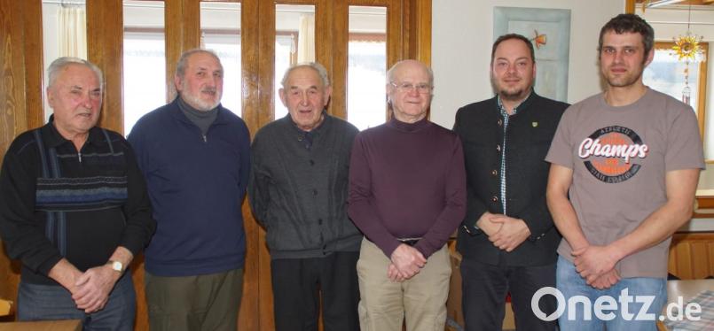 Vorsitzender Stefan Weinfurtner und Kreisvorsitzender Ingo Schwieder (von rechts) mit den geehrten Mitgliedern des Imkervereins Dietersdorf-Schönseer Land. Bild: mmj