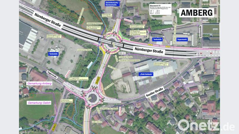 So könnte die Doppel-Kreuzung am Zinkl-Areal einmal aussehen. Hier mit dem „Modell Chicago“ für die Pfleger-Kreuzung. Grafik: Staatliches Bauamt Amberg-Sulzbach
