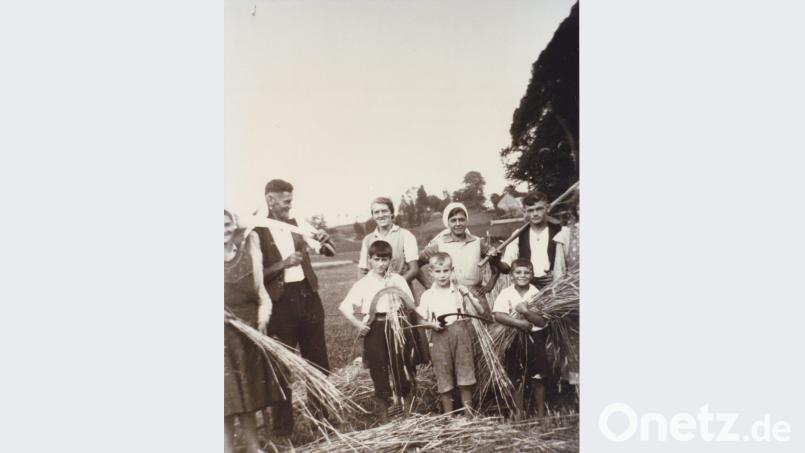 Bei der Ernte mussten alle mit anpacken. Das Bild zeigt die Moosbacher und Tröbeser Karolina Wittmann, Martin Krämer, Mathilde Baier, Maria Weiß und Rudolf Krämer (von links) sowie vorne drei Kinder. Repro: gi