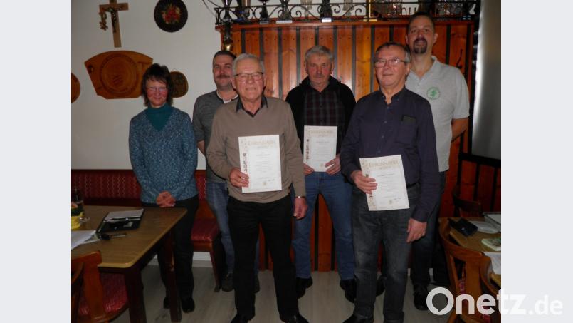 In der Jahreshauptversammlung des Obst- und Gartenvereins wurden neben Heiner Michl für 50 Jahre weitere Mitglieder für 40, 25 und 15 Jahre geehrt. Die Urkunden überreichten Vorsitzender Stefan Gottfried (hinten rechts) und zweite Bürgermeisterin Gabi Hawranek (links) sowie stellvertretender Vorsitzender Thomas Sticht (Zweiter von links) an Johann Hecht, Reinhold Bayer und Konrad Philbert (Dritter bis Fünfter von links). Bild: exa
