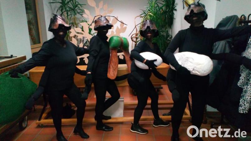 Wahre „Erfolgsinsekten“: Die vierköpfige Ameisentruppe um Veronika Baur-Schmelcher, Doris Keilwerth, Agnes Wolf und Karin Waldmann, komplett schwarz gekleidet, sicherte sich bei der Maskenprämierung Platz eins. Bild: mng