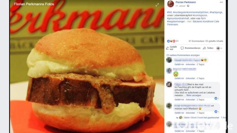 Ein Leberkäs-Krapfen sorgt für Lob und Kritik in der Bäckerei. Screenshot: Florian Perkmann