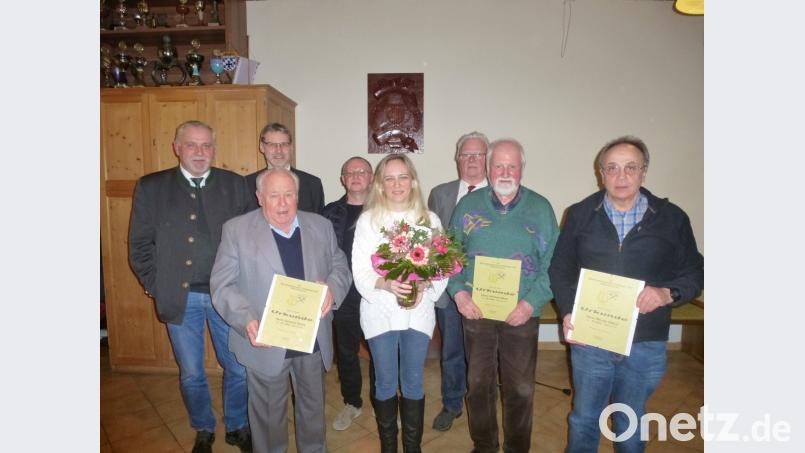 Für langjährige Vereinstreue geehrt: Vorne von links Edmund Stock, Dirigentin Riita Michelson, Winfried Wirth, Werner Alisch. Dahinter Bürgermeister Ludwig Biller, Georg Ebenhöch, Gerhard Huber, Robert Kohl. Bild: bk