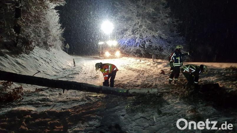 Die Feuerwehr Freudenberg-Wutschdorf beseitigt am Sonntagabend bei heftigem Schneefall umgestürzte Bäume. Bild: Feuerwehr