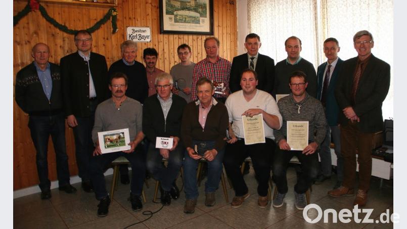 Ausgezeichnet wurden die erfolgreichsten Rinderzüchter. Es gratulierten (stehend von rechts): Landwirtschaftsdirektor Wolfgang Wenisch, Dr. Hubert Schuster, Vorsitzender Harald Püttner (selber Preisträger) und Dr. Thomas Niebler. Glückwünsche übermittelten auch Rudolf Traxinger und Dr. Klemens Dötsch (von links). Bild: wro
