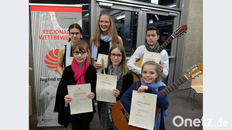 Nur erste Preise gab es für Schüler der Musikschule Marktredwitz zusammen mit ihren teils überregionalen Spielpartnern. Carla Kleeberger (hinten links) erreichte die Höchstpunktzahl. Bild: exb