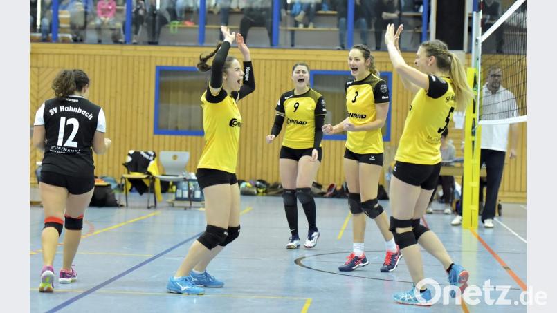 So ein bisschen Jubel darf schon sein - vor allem, wenn die Hahnbacher Volleyballerinnen den Klassenerhalt in der Tasche haben. Bild: Ziegler