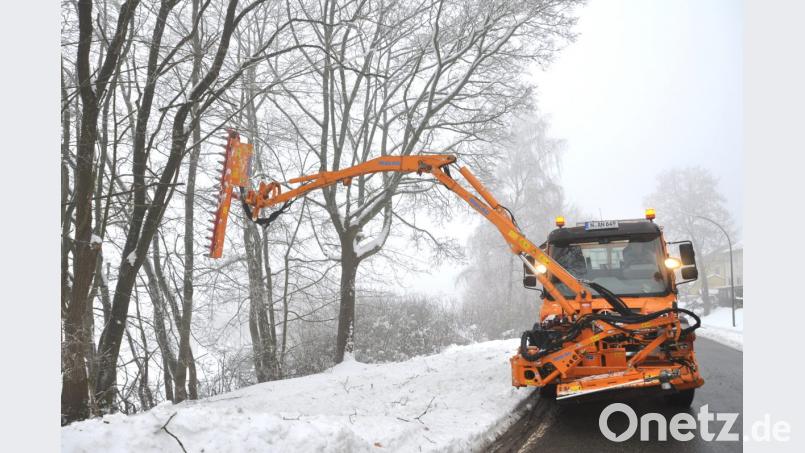 Arbeiter der Straßenmeisterei Vohenstrauß beschneiden schneebedeckte Äste, die in die Straße hereinreichen. Bild: es