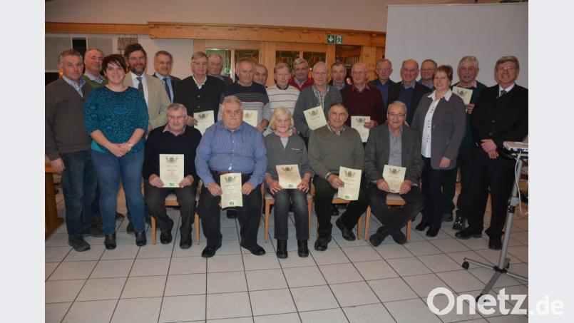 Für fünfzigjährige Mitgliedschaft zeichnete der vlf-Kreisverband diese Mitglieder aus. Mit im Bild vlf-Geschäftsführer Wolfgang Wenisch (rechts), Kreisbäuerin Irmgard Zintl (3. von rechts), sowie stellvertretender vlf-Vorsitzender Hans Scherm (4. von links), MdL Anna Toman (3. von links), Bürgermeister Roland Grillmeier (5. von links) und stellvertretender Kreisobmann Martin Härtl (links). Bild: jr