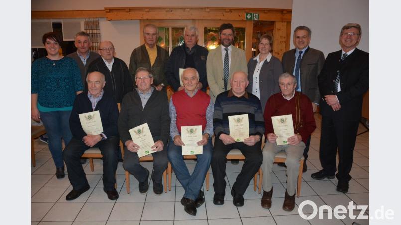 Schon sechzig Jahre gehören diese Mitglieder dem vlf-Kreisverband an. Sie alle traten kurz nach ihrer Ausbildung dem Verband bei und blieben ihm bis heute treu. Ihnen gratulierten (von links) MdL Anna Toman und stellvertretender BBV-Kreisobmann Martin Härtl, sowie (von rechts) Wolfgang Wenisch, Roland Grillmeier und Irmgard Zintl. Bild: jr