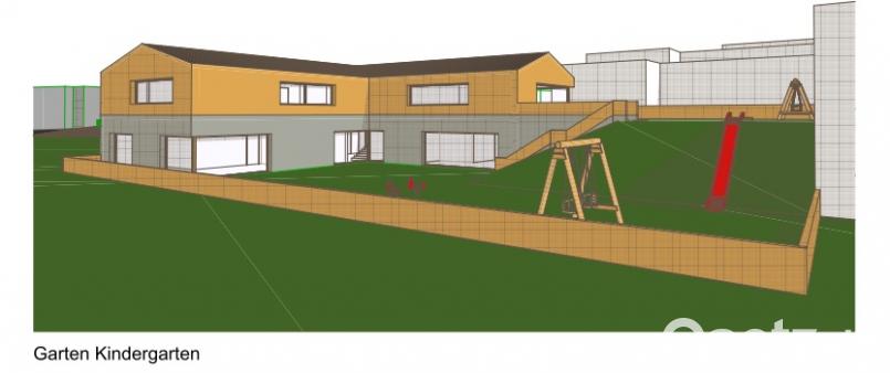 Der Kindergarten wird im Erdgeschoss und die Krippe im Obergeschoss mit jeweils barrierefreiem Zugang des Neubaus eingerichtet. Der Spielplatz für die Kleinsten befindet sich oben am Hang, mit Rutsche zum unteren Bereich. Bild: exb/GsbW