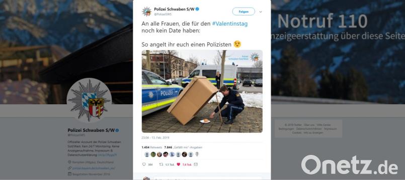 Die Polizei Schwaben gibt einen nicht ganz ernst gemeinten Tipp zur Partnersuche am Valentinstag. Screenshot: twitter.com/PolizeiSWS