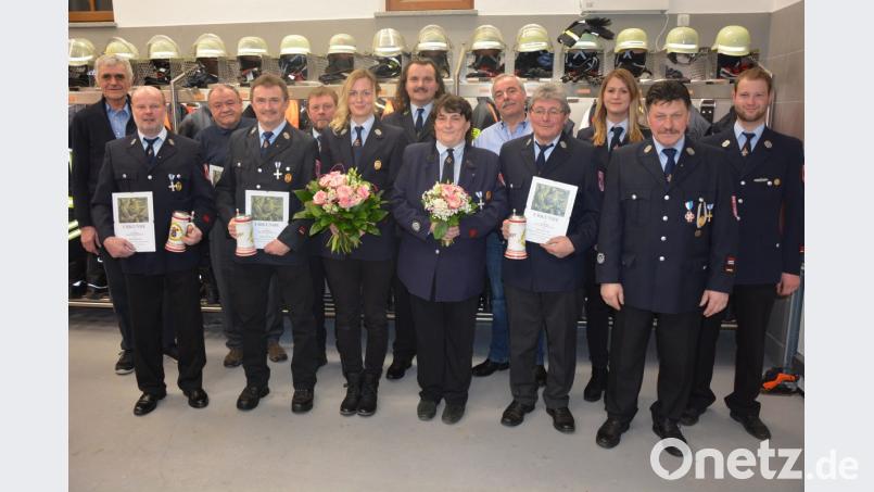 Langjährige und verdiente Mitglieder ehrte die Feuerwehr Pfaffenreuth bei ihrer Jahresversammlung. Im Bild (von links) Gemeindevertreter Alois Männer, Werner Dietrich, Ludwig Hecht, Gerhard Fischer, Ludwig Schwamberger, Martina Kropf, Vorsitzender Max Ernstberger, Erna Helm, Anton Bäumler, Johann Fischer, Julia Fischer, Kommandant Konrad Kolb und Christoph Dietrich. Bild: jr